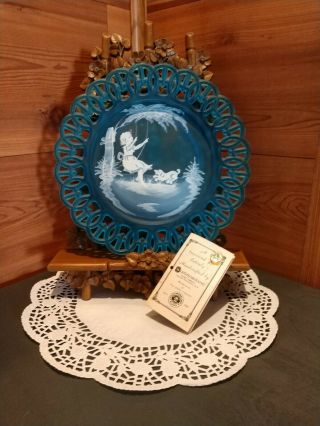 Signed Blue Westmoreland Glass Girl On Swing & Puppy Lattice Lace Edge Plate