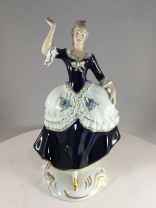 Royal Dux Bohemia Lady Figurine Cobalt Blue Gown Gold Trim Holding A Flower