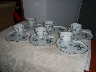 Noritake 5540 Teal Bamboo Black/gold Leaves Snack Plate & Cup Set (6) Piece