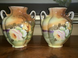 2 Antique Morimura Bros Nippon Hand Painted Moriage Handled Vases 5.  75 " Roses