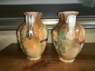 2 Antique Morimura Bros Nippon Hand Painted Moriage Handled Vases 5.  75 