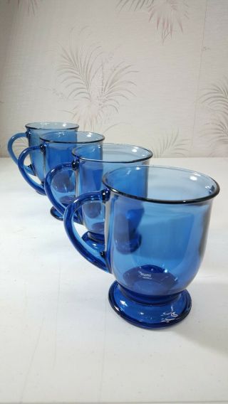 Set Of 4 Anchor Hocking Blue Glass Footed Pedestal Mugs 12 Oz.  - Made In Usa