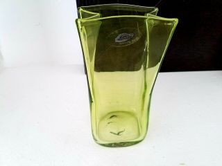 Blenko Glass Hand Blown Glass 8 " Lime Green Bag Vase