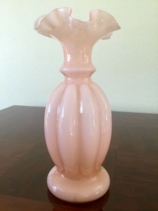 Pink Fenton Rose Overlay Melon Rib Vase 8.  5” (85r1)