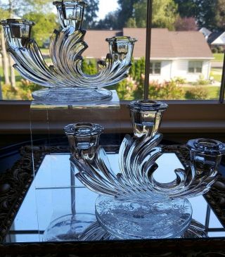 Pair Fostoria Etched Chintz Baroque Crystal Three Light Candle Holders Gorgeous