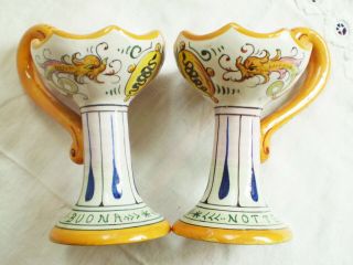 2 Italian Deruta Chamber Candle Stick Holders W Handles Dolphins " Buono Notte "