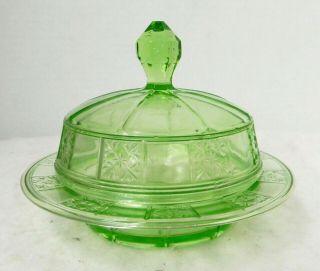 Green Doric Pattern Depression Glass Butter Dish,  Jeanette,  1935 - 1938,  Exc