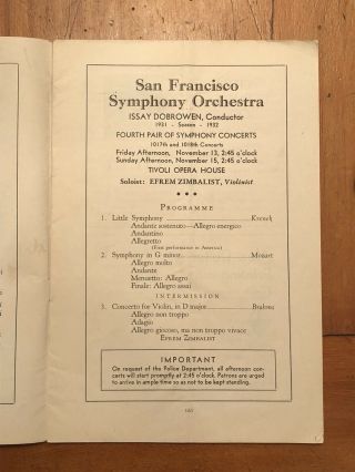 Concert Program Violinist Zimbalist Violin 1931 San Francisco Brahms Concerto