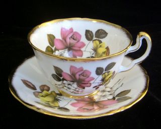Royal Adderley Fine Bone China Pink And Yellow Roses Tea Cup & Saucer Gold Gilt