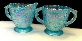 Westmoreland Rare Bramble Maple Leaf Ice Blue Carnival Glass Cream & Sugar Set