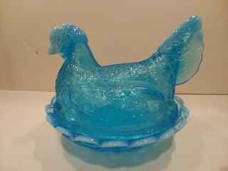 Aqua Glass Hen On Nest Dish.  Clear To Milk Glass On Cone,  Trim & Tail.  Fenton?