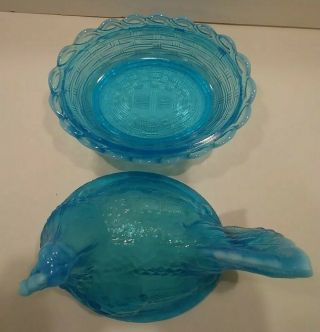 Aqua Glass Hen on Nest Dish.  Clear to Milk Glass on Cone,  Trim & Tail.  Fenton? 2