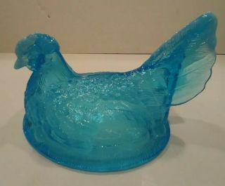 Aqua Glass Hen on Nest Dish.  Clear to Milk Glass on Cone,  Trim & Tail.  Fenton? 7