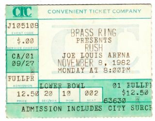 Rush Nov 8 1982 Joe Louis Arena Detroit Mi Vintage Concert Ticket Stub