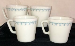 4 Corelle Pyrex Snowflake Blue 3 1/4 " Mugs