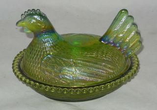 Indiana Glass Hen On Nest Iridescent Green Covered Candy Dish