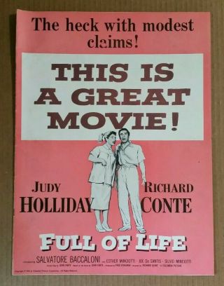 " Full Of Life " Judy Holliday,  Richard Conte Movie Pressbook,  1956