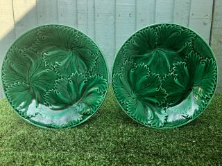 Pair 19thc Regal & Sanejouand Clairefontaine Green Majolica Plates C1870s