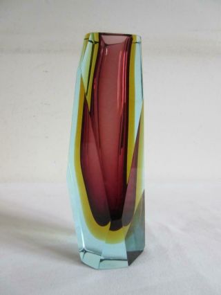 LOVELY MURANO SOMMERSO 60 ' s MAROON YELLOW BLUE HINT MULTI - FACETED ART GLASS VASE 2