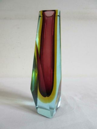 LOVELY MURANO SOMMERSO 60 ' s MAROON YELLOW BLUE HINT MULTI - FACETED ART GLASS VASE 3