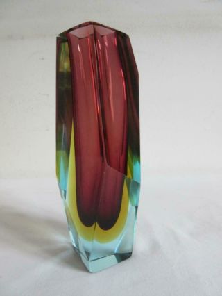 LOVELY MURANO SOMMERSO 60 ' s MAROON YELLOW BLUE HINT MULTI - FACETED ART GLASS VASE 5