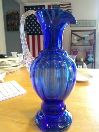 Fenton Cobalt Blue Art Glass Pitcher 1990s Elegant Glass Hand Blown Ewer