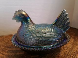 Indiana Iridescent Blue Carnival Glass Chicken Hen On Nest Covered Candy Dish