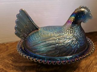 INDIANA Iridescent Blue Carnival Glass Chicken Hen On Nest Covered Candy Dish 2