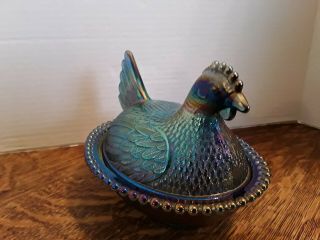 INDIANA Iridescent Blue Carnival Glass Chicken Hen On Nest Covered Candy Dish 3