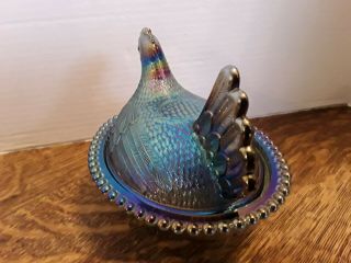 INDIANA Iridescent Blue Carnival Glass Chicken Hen On Nest Covered Candy Dish 4