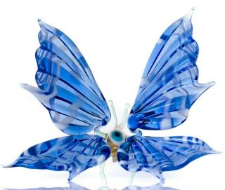 Glass Butterfly Figurine White And Blue Blown Murano Style Hand Made In Russia