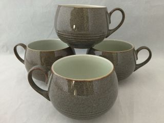 Set Of 4 Denby Greystone Brown Ribbed Coffee Mug / Tea / Flat Cup - Ships