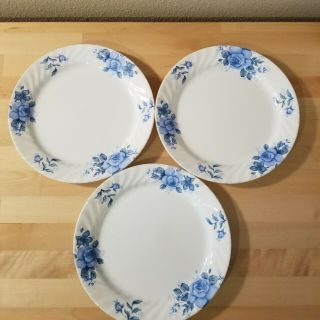 3 Corelle Blue Velvet Roses Dinner Plates Swirl Rim 10 - 1/4 "