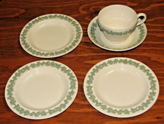3 Wedgwood Embossed Queensware Celadon Green Cream Bread Plates,  Cup & Saucer