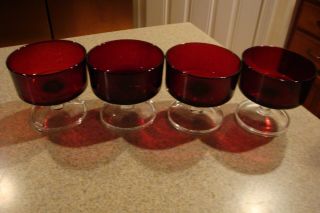 Arcoroc France Ruby Red Compote Dessert Set Of 4 Ice Cream / Sherbet Cups