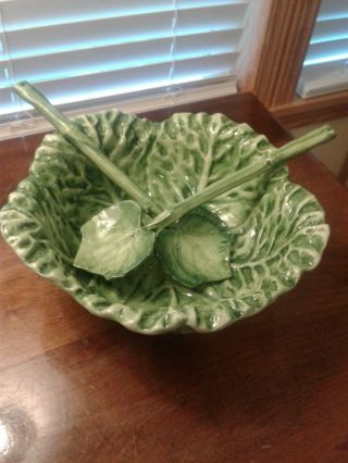 Large Cabbage Leaf Salad Serving Bowl With Cabbage Leaf Utensils Made In Italy
