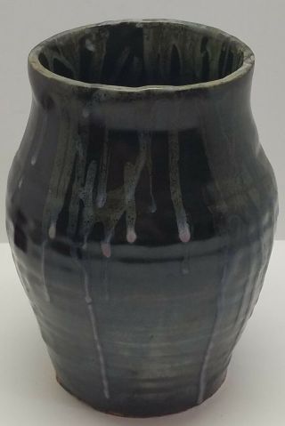 Vtg Artisan Glazed Pottery Flower Vase Planter Purple Drip Signed Kf Home Decor