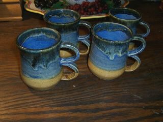 Hand Thrown Studio Pottery Brown/blue Stoneware Coffee Mugs Cups Set Of 4