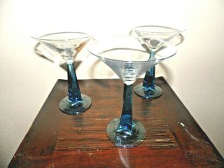 Set Of 3 Light Blue Twist Stem & Clear Glass Cup Martini Glasses 7 " Tall