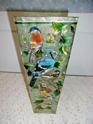 Amia Birds Cardinal Blue Jay Stained Glass Look Hand Painted Vase 10 "