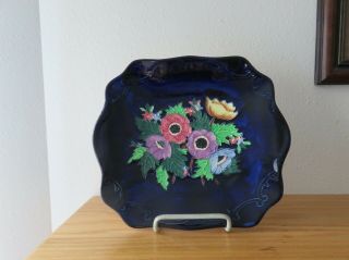 Maling Cobalt Blue Square Cake Plate With Flowers