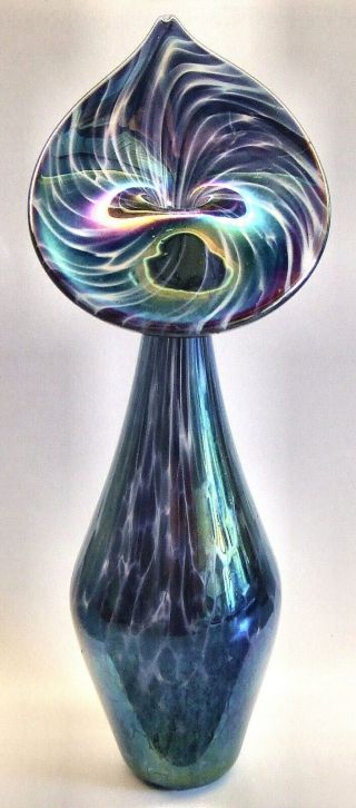 A Tall & Slender Iridescent Jack In The Pulpit / Lily Glass Vase - Poss Heron