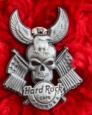 Hard Rock Cafe Pin Fukuoka 3d Skull Bald Eagle American Flag Japan Hat Lapel