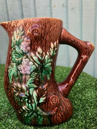 19thc Majolica Jug Or Pitcher With Flowers & Leaves On Trunk Base C1880s