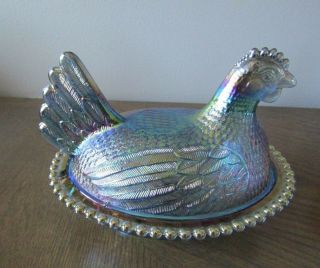 Indiana Blue Iridescent Carnival Glass Rooster Hen On Nest Covered Candy Dish