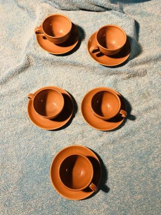 Russel Wright Iroquois Casual China 6 Oz Ripe Apricot 5 Cup & Saucer Set Usa