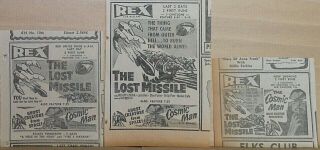 3 1960 Newspaper Ads For Sci - Fi Horror Movies The Lost Missile,  The Cosmic Man