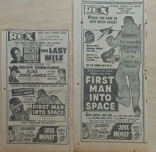 Two 1959 Newspaper Ads For Movie First Man Into Space - Gamma Rays Make Monster?
