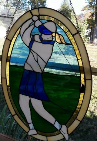 Stained Glass Window Sun Catcher Panel Oval Lady Golf Golfer Large 20 × 14 Inch