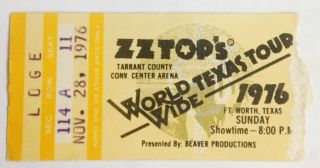 Zz Top Ticket Stub November 28,  1976 Tarrant Convention Center Fort Worth Tx Ldg